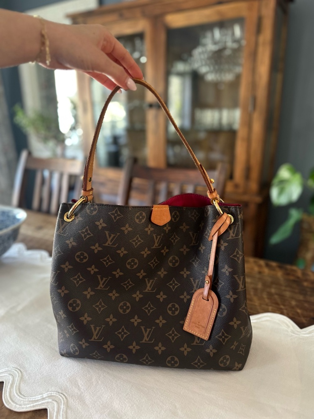 Louis Vuitton Brown Monogram Canvas Shoulder Bag with Fuchsia Interior
